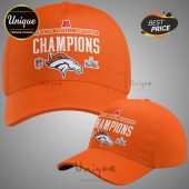 Orange AFC Champions hat featuring the Broncos logo and Super Bowl emblem.!