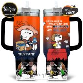 Denver Broncos Snoopy tumbler. Roses are red graphic with personalized name. Stainless steel.