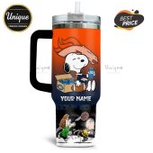 Denver Broncos Snoopy Tumbler: Roses Are Red design. Personalize with a name for a unique gift for Broncos fans.