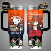 Denver Broncos Snoopy tumbler. Roses are red, Broncos are bold. Personalized gift for football fans.