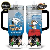 Tumbler with Snoopy, Detroit Lions logo, and Bud Light can design. Add your name!