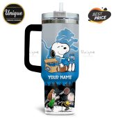 Tumbler featuring Snoopy with a football, Bud Light, and the Detroit Lions logo. Personalized with 'Your Name'.!
