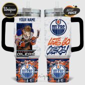 Edmonton Oilers themed travel mug featuring player cartoon and team logos, plus space for custom name.!