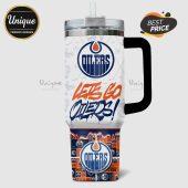 Edmonton Oilers themed tumbler with handle. Features the Oilers logo and 'Lets Go Oilers!' text.!
