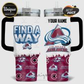 Colorado Avalanche themed tumbler featuring team logos, colors, and 'Find A Way' text!