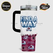 Colorado Avalanche travel mug featuring logos and 'Find A Way' text design.!