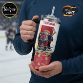 Customizable Florida Panthers hockey-themed tumbler with handle and straw. Add your name!