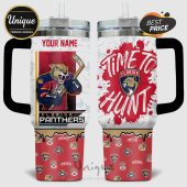 Florida Panthers themed tumbler featuring the team logo, cartoon panther, and custom name option.!