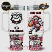 Customizable Georgia Bulldogs tumbler with team logos, a basketball player bulldog, and fan designs!