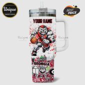 Customizable sports mug features a bulldog playing basketball, Georgia college logos, and space for your name!