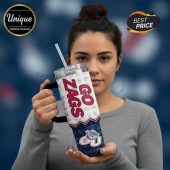 Tumbler with 'Go Zags' text, school logos, a handle and straw held by a person.!