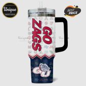White stainless steel tumbler with handle featuring college logos and 