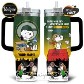 Customizable tumbler featuring Snoopy, Packers logo, Bud Light cans, and text 'Roses are red, violets are blue, I love Packers'.!
