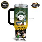 Green Bay Packers themed tumbler featuring Snoopy, Woodstock, football, and beer!