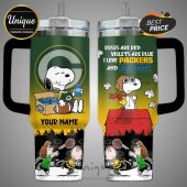 Green Bay Packers Snoopy tumbler with a football, beer, and tagline 'Roses are red, violets are blue, I love Packers and Bud Light'.!
