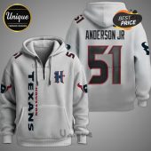 White hoodie with Houston Texans theme; 'TEXANS' vertically, 'HOUSTON', logo, 'ANDERSON JR' and the number '51'.!