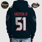 Back of a navy blue hoodie with 'ANDERSON JR' and the number '51' in white and red, plus team logos on the sleeves.!