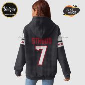 Back of a gray hoodie with 'STROUD' and '7' in red and white, plus sleeve stripes.!