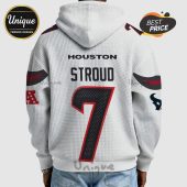 Back of white hoodie with 'HOUSTON', 'STROUD', and the number '7' printed on it, alongside Houston Texans logos.!