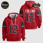 Front and back view of a red Texans hoodie with number 12 and the name Collins on the back.!