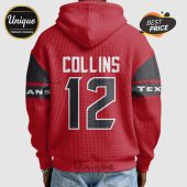 Red hoodie with 'COLLINS' and number '12' on the back, plus 'ANS' and 'TEX' on the sleeves.!