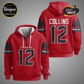 Red hoodie with 'TEXANS' and number '12' on the front, and 'COLLINS' and number '12' on the back.!