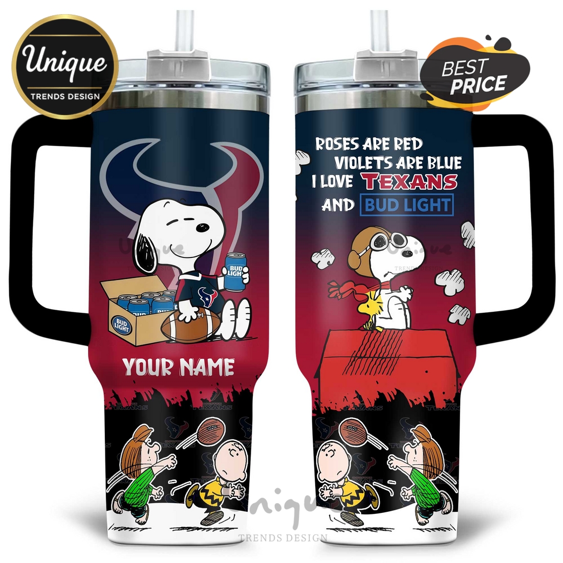 Houston Texans Snoopy Bud Light Personalized 40oz Tumbler Houston Texans Snoopy Bud Light Personalized 40oz Tumbler