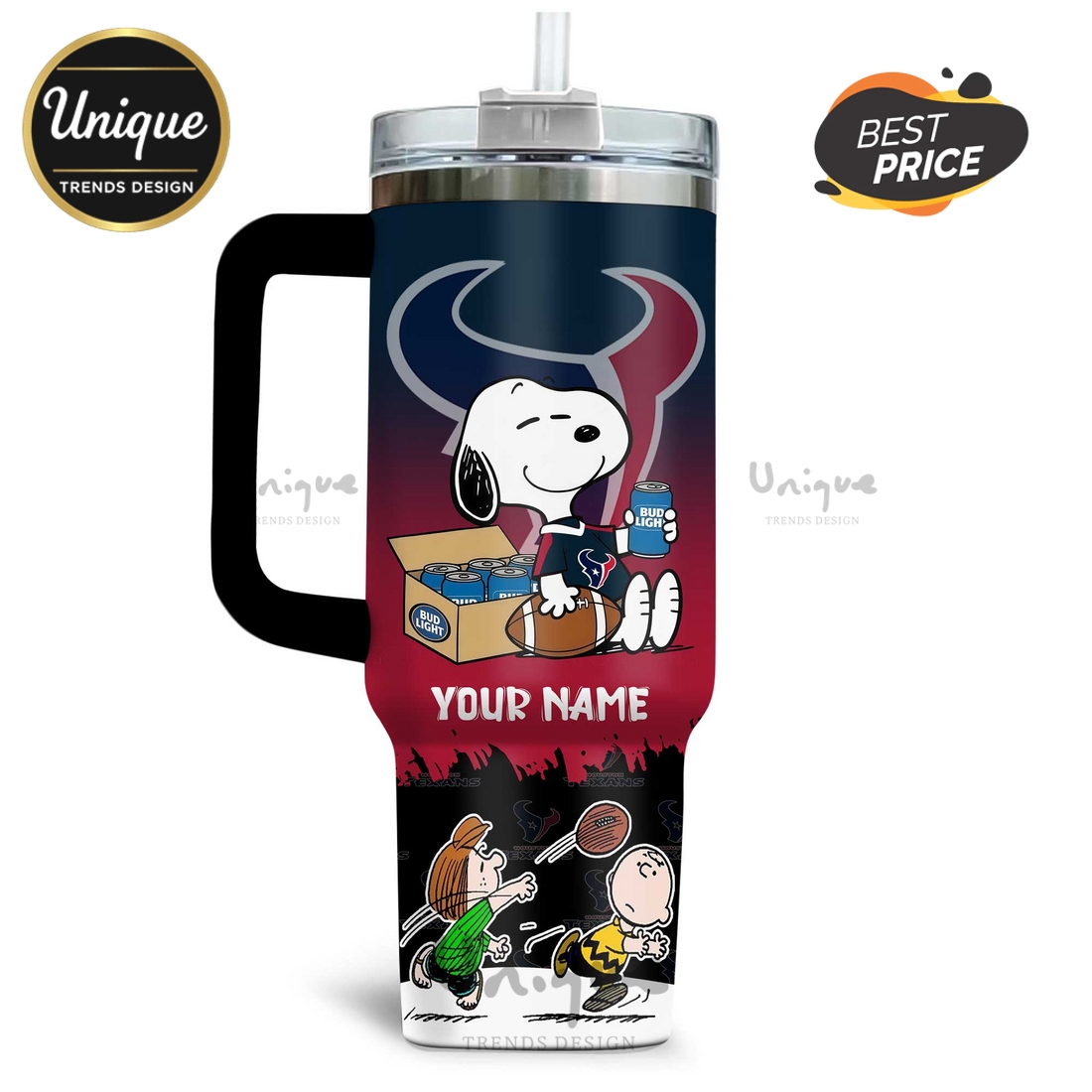 Houston Texans Snoopy Bud Light Personalized 40oz Tumbler Houston Texans Snoopy Bud Light Personalized 40oz Tumbler