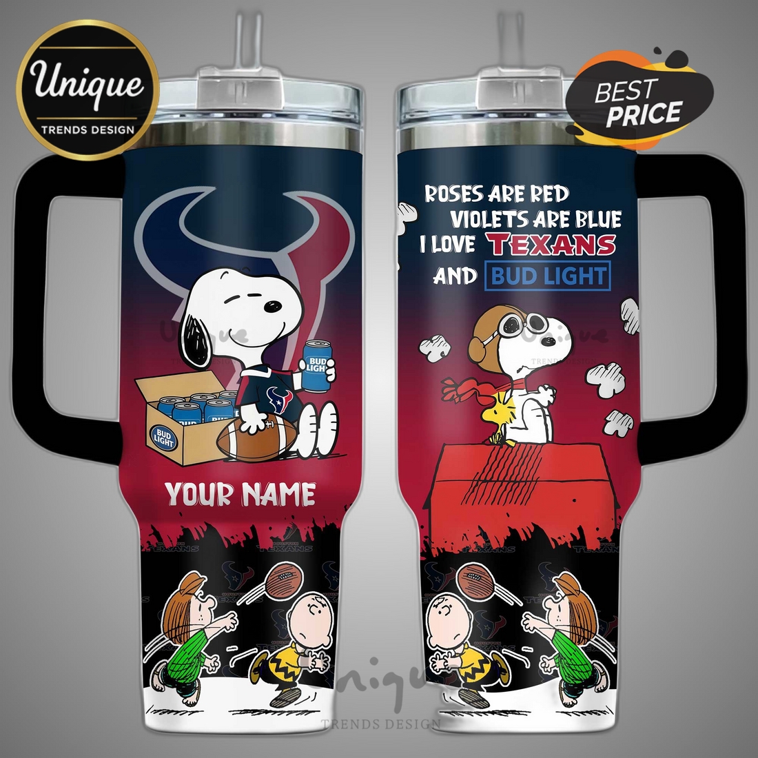 Houston Texans Snoopy Bud Light Personalized 40oz Tumbler Houston Texans Snoopy Bud Light Personalized 40oz Tumbler