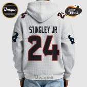 White hoodie with 'Stingley Jr' and number 24, plus Texans logos on sleeves and hood.!