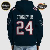 Back view of a dark blue hoodie with the name STINGLEY JR and number 24 in white and red, plus the Houston Texans logo.!