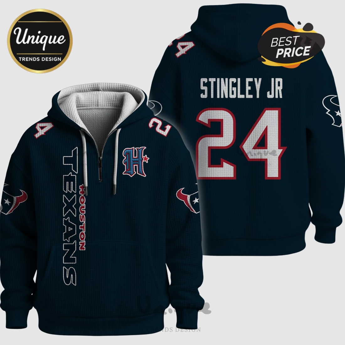 Houston Texans Stingley Jr. 24 Quarter-Zip Waffle Hoodie Houston Texans Stingley Jr. 24 Quarter-Zip Waffle Hoodie