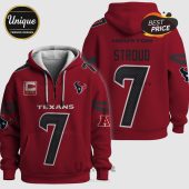 Front and back view of a red Texans hoodie with 'TEXANS' and the number '7' on the front, and 'HOUSTON' and 'Stroud 7' on the back.!