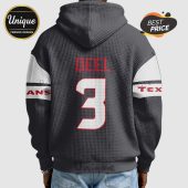 Back of a grey waffle-textured hoodie with white sleeves. Features 'DEEL' and '3' in red/white, 'ANS' and 'TEX' on sleeves.!