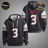 Front and back view of a textured gray hoodie with a football jersey design: 'TEXANS' and number '3' on the front, 'DEEL' and '3' on the back.!