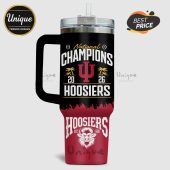 Indiana Hoosiers themed tumbler with 'National Champions' and 'Hoosiers' text, and a bull logo.!