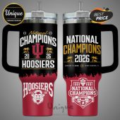 Indiana Hoosiers National Champions 2026 tumbler with team colors, logos, and Miami Gardens event details.!