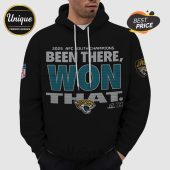 Black hoodie with '2025 AFC South Champions BEEN THERE, WON THAT' text, plus Jaguars logos and NFL patch!