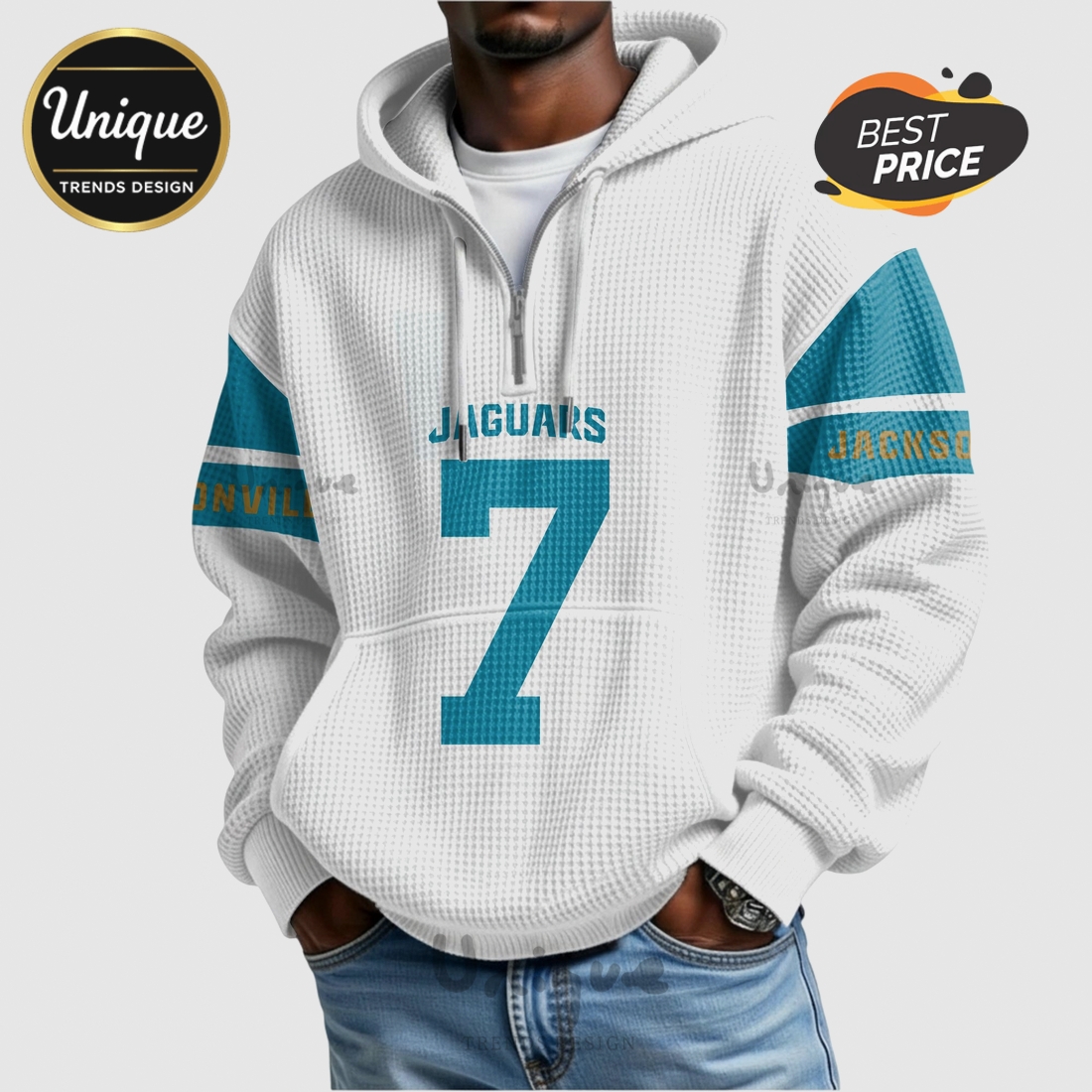 Jacksonville Jaguars Brian Thomas Jr 7 NFL Quarter Zip Waffle Hoodie Jacksonville Jaguars Brian Thomas Jr 7 NFL Quarter Zip Waffle Hoodie