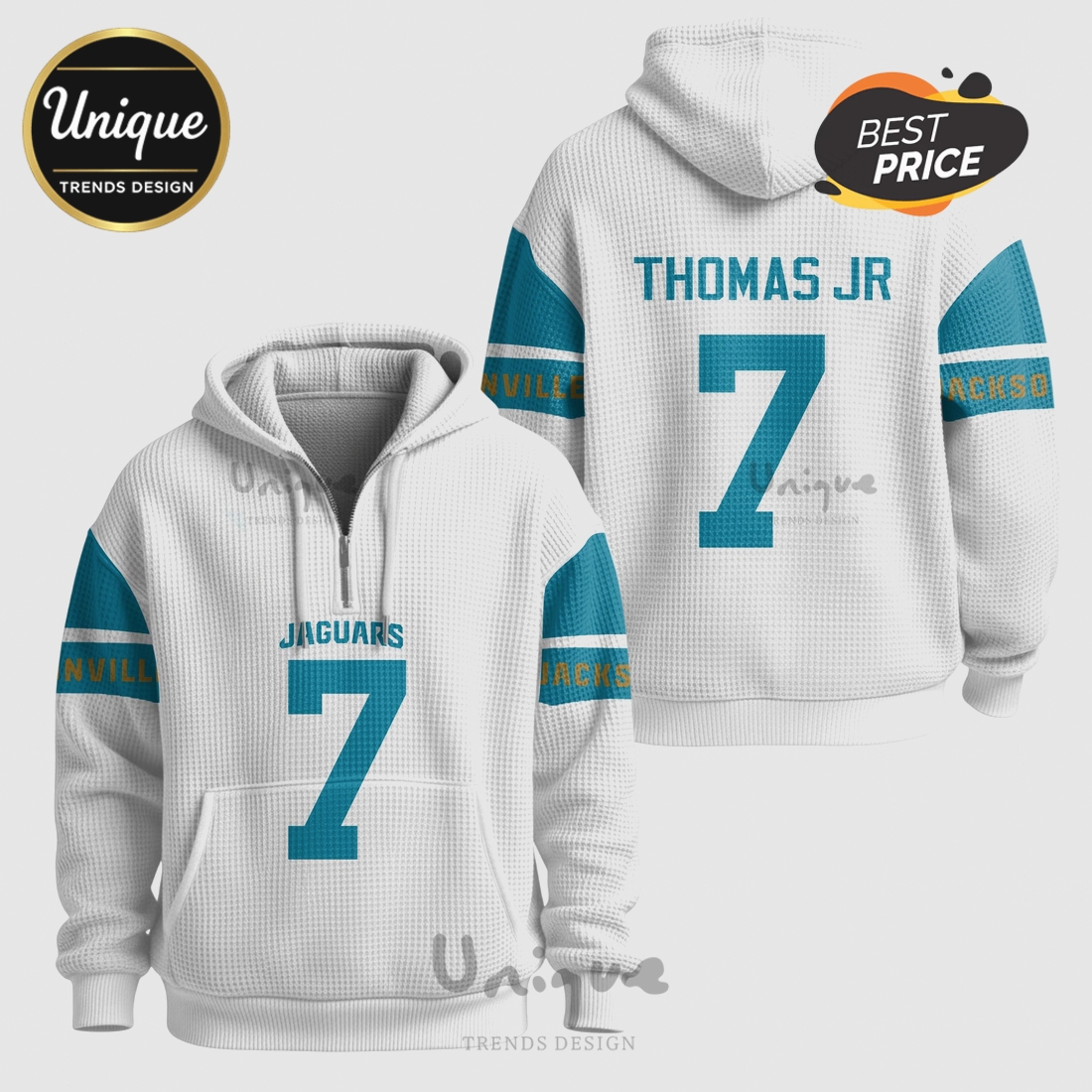 Jacksonville Jaguars Brian Thomas Jr 7 NFL Quarter Zip Waffle Hoodie Jacksonville Jaguars Brian Thomas Jr 7 NFL Quarter Zip Waffle Hoodie