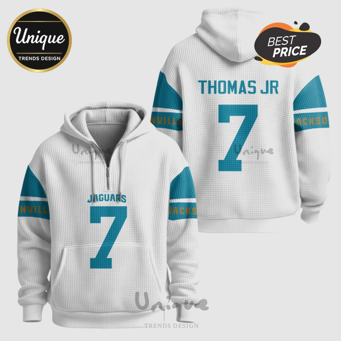 Jacksonville Jaguars Brian Thomas Jr 7 NFL Quarter Zip Waffle Hoodie Jacksonville Jaguars Brian Thomas Jr 7 NFL Quarter Zip Waffle Hoodie