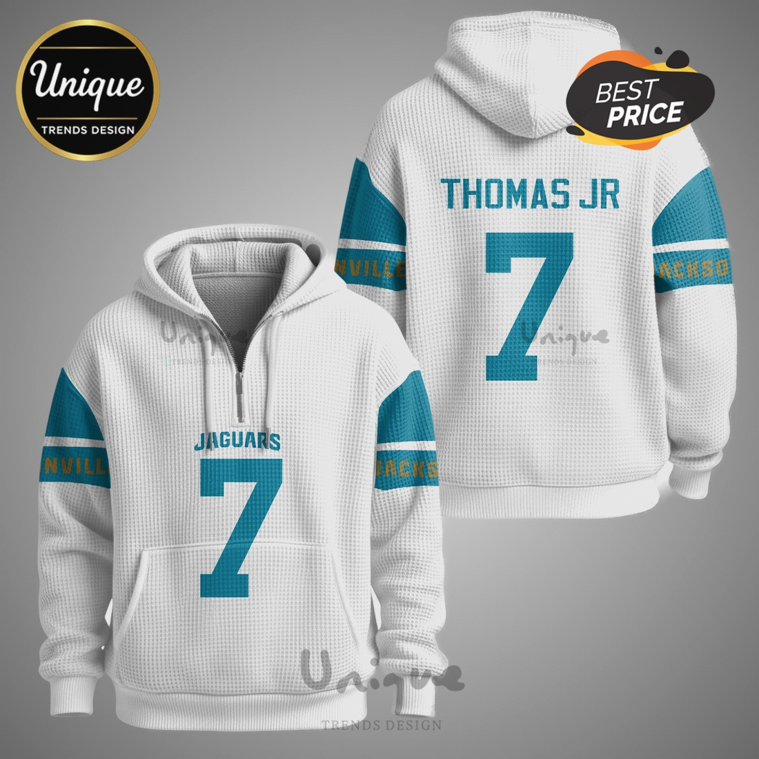 Jacksonville Jaguars Brian Thomas Jr 7 NFL Quarter Zip Waffle Hoodie Jacksonville Jaguars Brian Thomas Jr 7 NFL Quarter Zip Waffle Hoodie