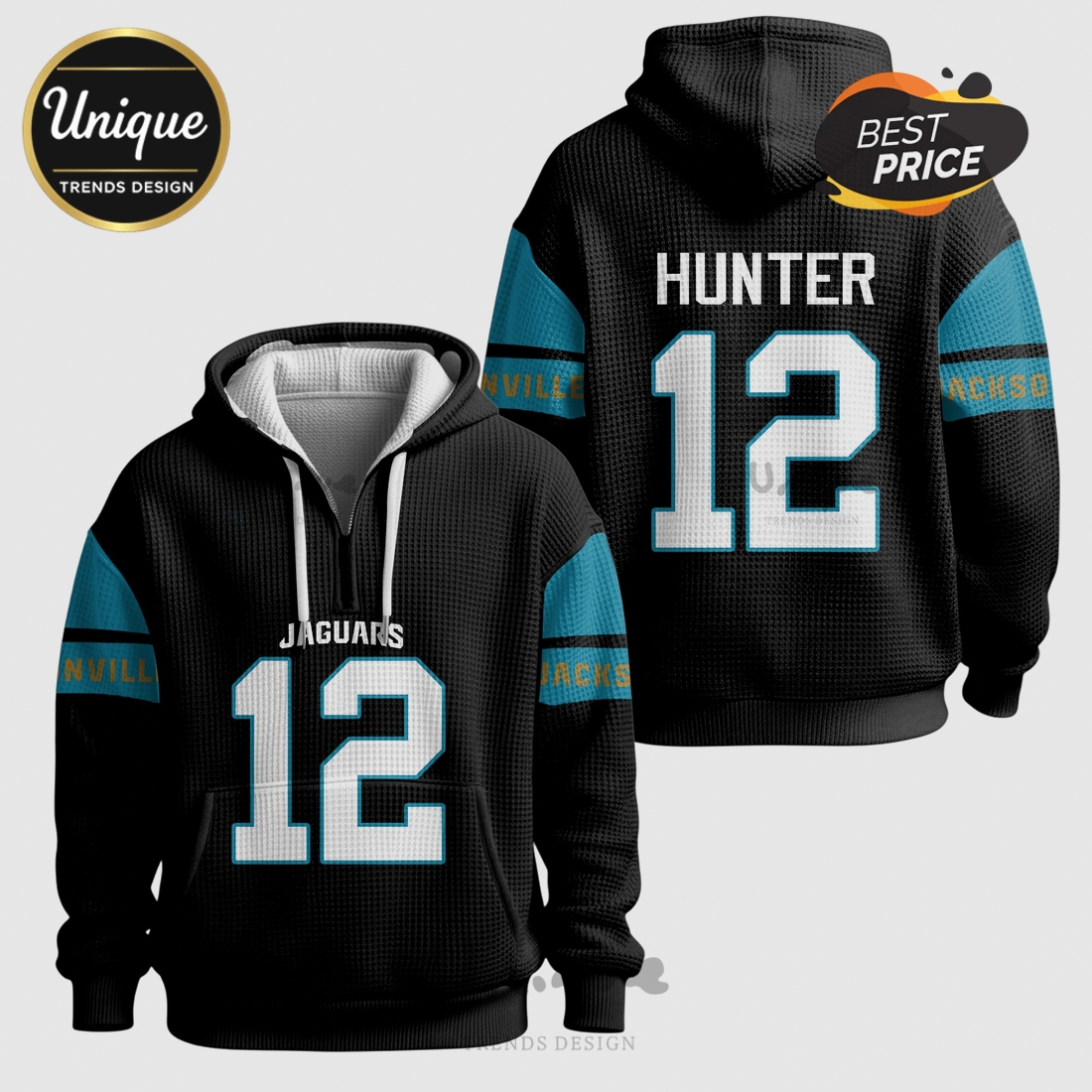 Jacksonville Jaguars Hunter 12 NFL Quarter Zip Waffle Hoodie Jacksonville Jaguars Hunter 12 NFL Quarter Zip Waffle Hoodie
