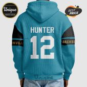 Back of blue hoodie with 'HUNTER' and '12' in white, plus 'Jacksonville' on the sleeves.!