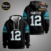 Jaguars Hunter 12 hoodie with teal and gold accents on a black waffle knit fabric.!
