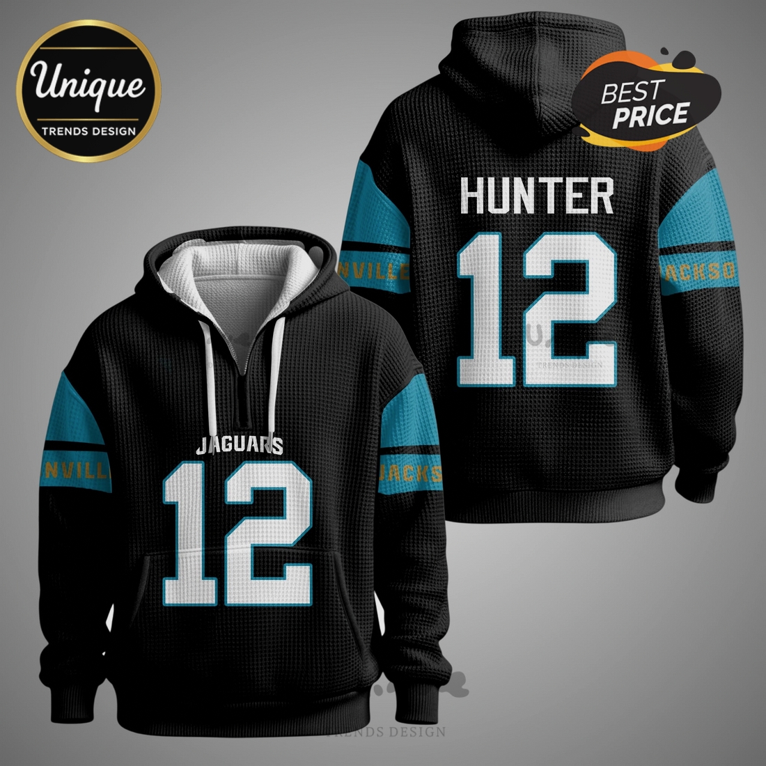 Jacksonville Jaguars Hunter 12 NFL Quarter Zip Waffle Hoodie Jacksonville Jaguars Hunter 12 NFL Quarter Zip Waffle Hoodie