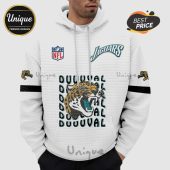 White hoodie with Jaguars logo, NFL emblem, jaguar head, and 'DUUUVAL' text.!