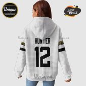 White hoodie with 'HUNTER' and '12' printed on the back, with shoulder stripes and jaguar logos.!