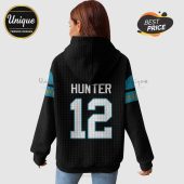 Black hoodie with 'HUNTER' and '12' on the back, plus turquoise and gold stripes on the sleeves.!