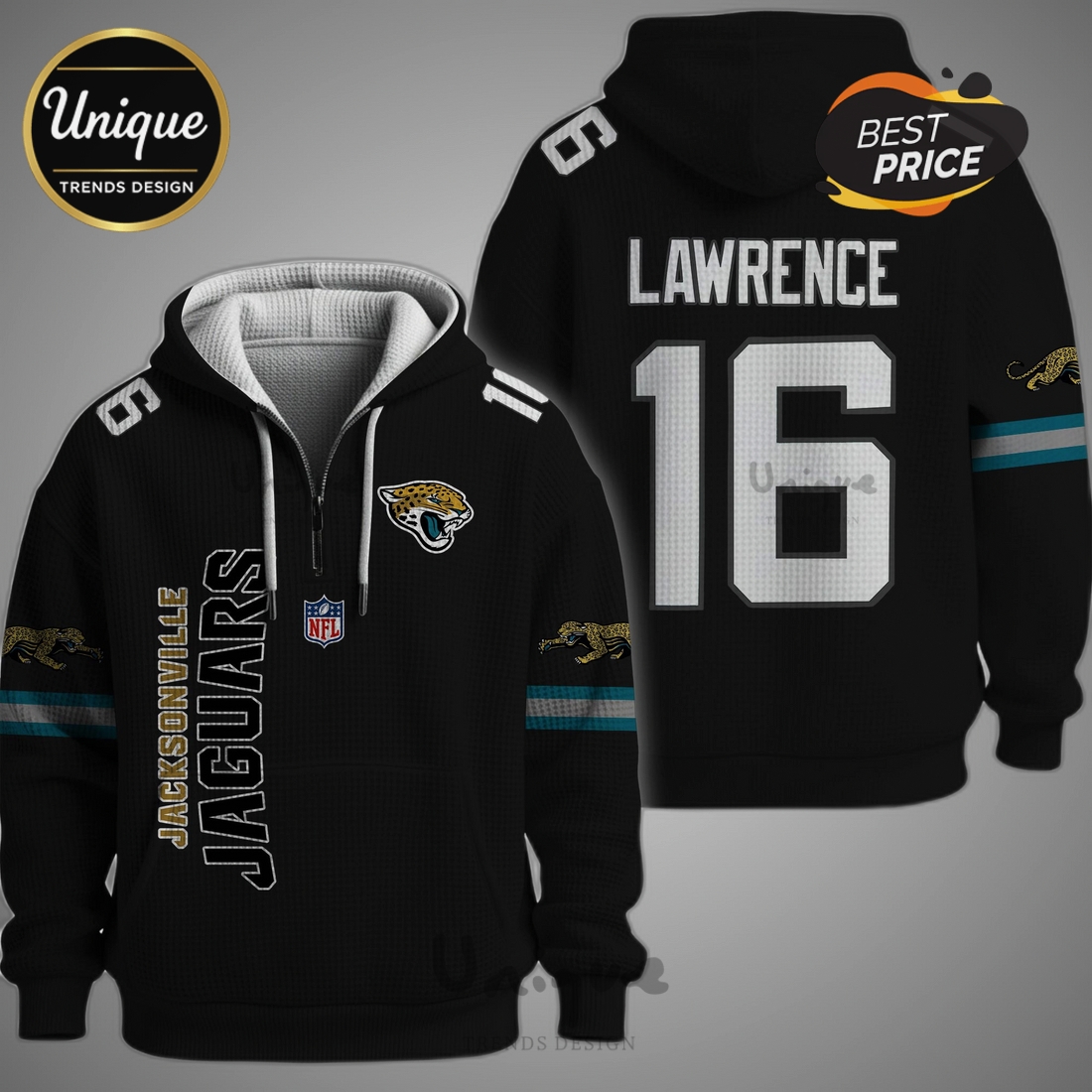 Jacksonville Jaguars Lawrence 16 NFL Quarter Zip Waffle Hoodie Jacksonville Jaguars Lawrence 16 NFL Quarter Zip Waffle Hoodie